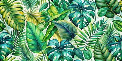 Watercolor pattern showcasing tropical leaves like Monstera and palm trees, ideal for fabric, textiles, and wallpaper designs, embodying a vibrant botanical aesthetic.