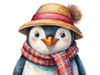 Watercolor Penguin Illustration with Scarf and Hat on White Background - Cute Animal Art for Kids, Winter Theme, Nursery Decor, Holiday Greeting Cards, and More