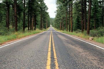 Obraz premium Majestic Pine Forest Road: A Dramatic Journey Through Towering Trees