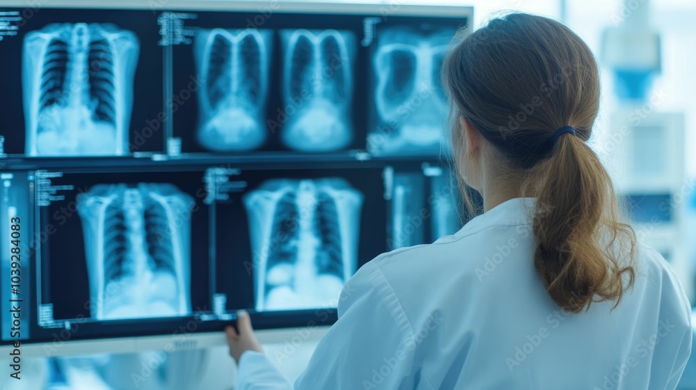 Poster radiologist carefully examining a bone density scan to assess the patient s bone health and detect p