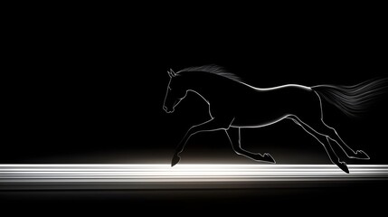 Fototapeta premium Fast-galloping horse silhouette, black and white style, sharp contrasts, elongated shadow on minimalist background, sleek and dynamic composition