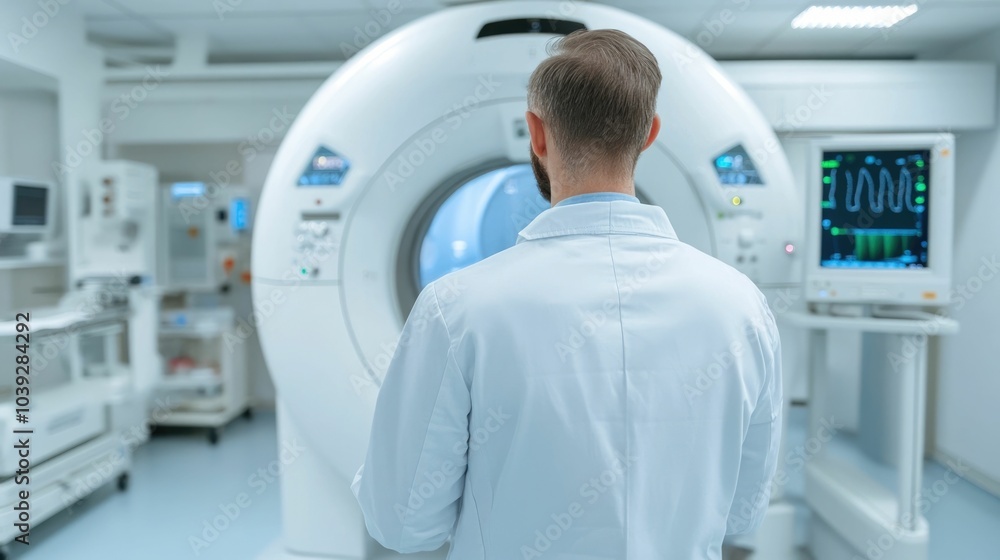 Poster technician in a medical facility carefully reviewing x ray exposure settings on a monitoring device 