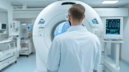 Technician in a medical facility carefully reviewing X ray exposure settings on a monitoring device before conducting a thoracic scan procedure to ensure proper imaging and patient safety