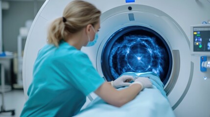 Radiologic technologist in a hospital setting carefully preparing X ray contrast solution for an upcoming medical imaging procedure