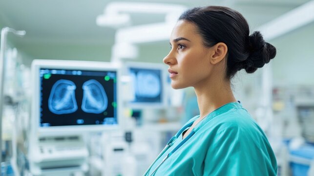 Radiologic technician using portable X ray machine to conduct medical imaging examination of patient in hospital ward Mobile radiography equipment enables efficient and on site diagnostic services