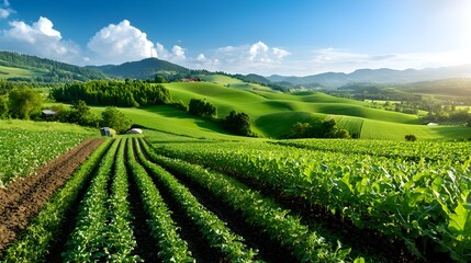 Scenic view of a lush countryside landscape with rows of thriving green crops showcasing sustainable farming practices and eco friendly irrigation techniques for a bountiful harvest