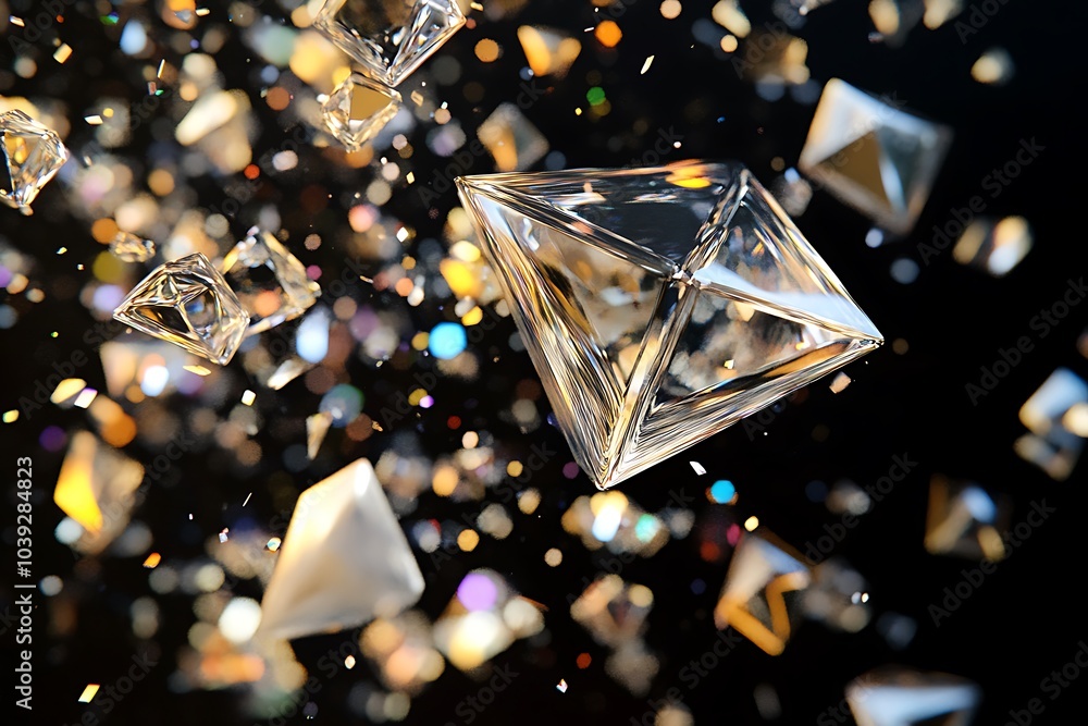 Poster A close-up of sparkling, transparent, geometric shapes falling against a black background. The shapes are in focus and the background is out of focus, creating a sense of depth and movement.