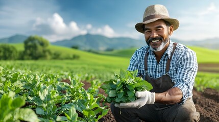 Farmers Harvesting Organic Produce in Lush Countryside Setting with Green Crops and Natural Landscape
