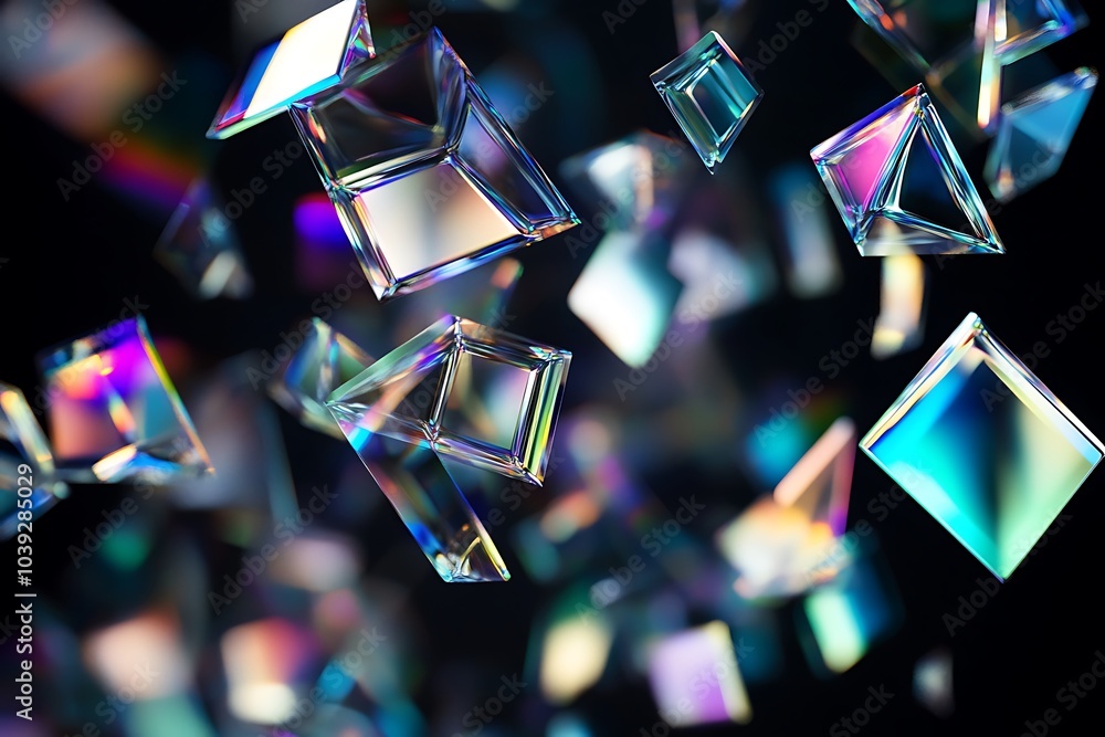 Poster abstract background of iridescent geometric shapes on a black background.