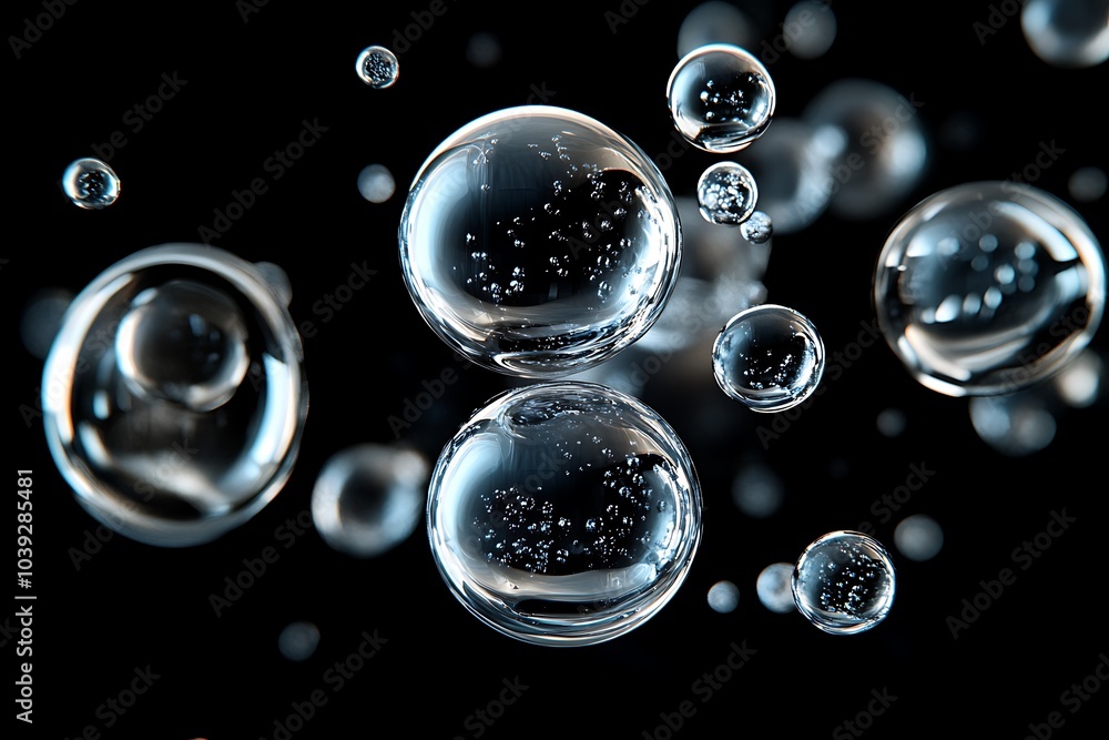 Poster abstract composition of shiny, transparent spheres floating in a dark background.