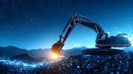 A heavy excavator silhouetted against a deep blue sky, surrounded by a bustling construction site, designed for a high-impact industrial banner