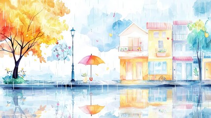 Calm rainy day with an umbrella, street reflections, Lofi mood, Watercolor style