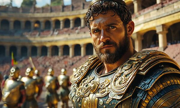 A gladiator in ornate armor stands in an arena, ready for battle.