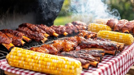 Delicious grilled ribs and corn ready for summer barbecue, smoky background.