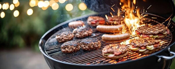 Grilling sausages and burgers with flames on a barbecue outdoors.