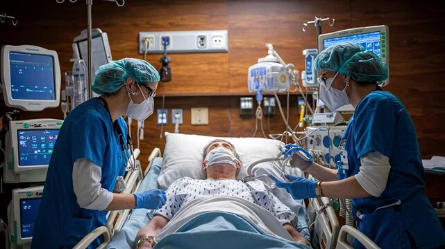 Two medical workers treat a patient with severe respiratory illness in an ICU. They focus on the life-supporting equipment and medical professionals' diligence.