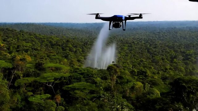 Footage of drones surveying forests, spraying fertilizer over trees, and scanning the terrain for deforestation risks, all captured from above.
