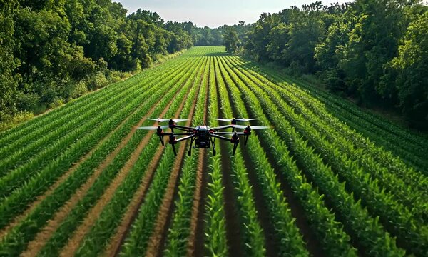 Drone flying over a lush green crop field with organized rows.