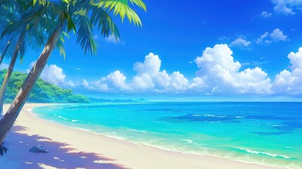 Illustration of Beautiful tropical beach with coconut palm leaves. Seascape background. Anime style