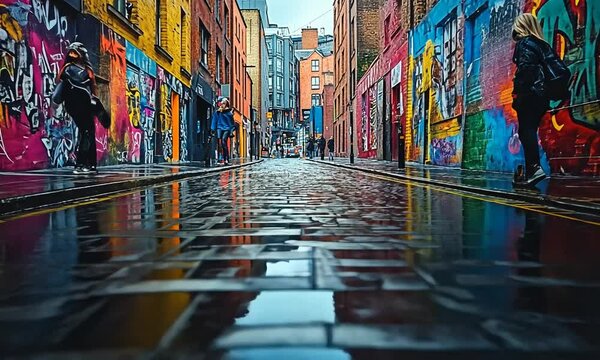 Rain-soaked street with colorful murals and pedestrians.