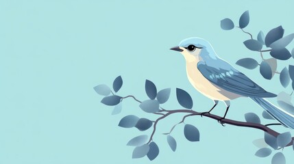 A stylized blue bird perched on a branch against a soft blue background.