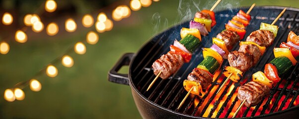 Grilled kebabs with vegetables on a barbecue grill, outdoor setting.