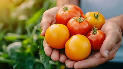 Close up view of an assortment of vibrant freshly harvested organic produce being gathered by hand in a sunlit agricultural field surrounded by lush greenery