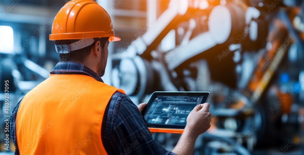 Poster innovative worker managing robotics with tablet in modern factory setting