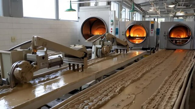 A ceramic tile manufacturing plant, where conveyor belts transport wet clay, mechanical arms press patterns, and dryers bake tiles to perfection.
