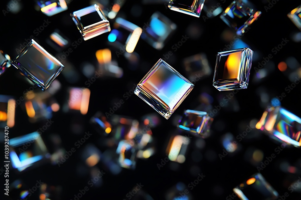 Poster Abstract background with iridescent floating squares on a dark backdrop.