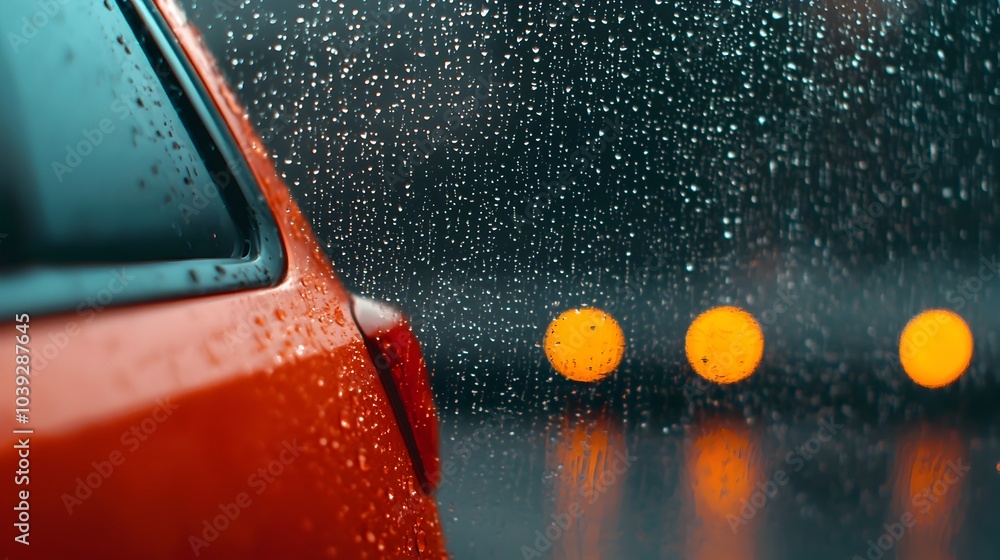 Aufkleber mesmerizing raindrops cascading down a car window the blurred outline of city lights in the backgrou