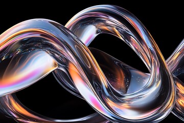 Abstract iridescent glass spiral on black background.