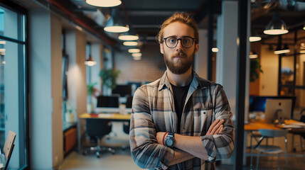 Fototapeta premium portrait of an American software engineer standing in modern office looking at camera, tech support worker
