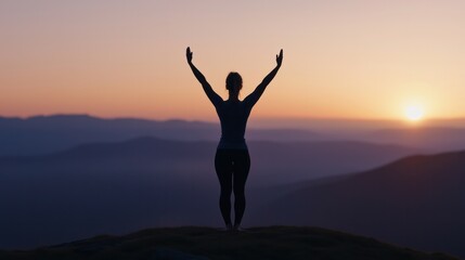 Embracing Freedom A Silhouette Celebrating the Sunrise on a Scenic Mountain Top