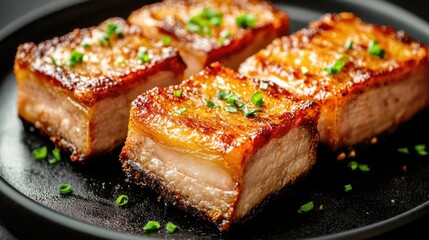 Crispy Fried Pork Belly Platter with Aromatic Herbs and Spices on Dark Background  A high detail close up top down view of a delicious and indulgent dish made with juicy golden fried pork belly