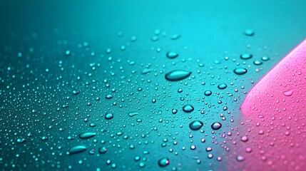 Close up view of rain droplets glistening with the reflections of neon lights on a car hood creating a vibrant and dynamic abstract automotive background in the urban nightscape
