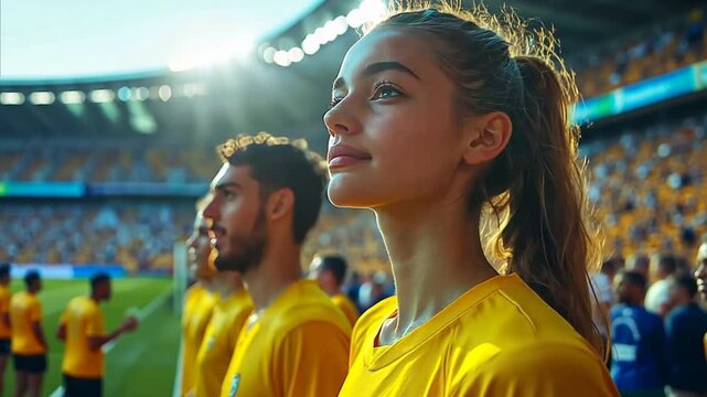 players standing next to each other very close anthem from back side wearing blank yellow tshirts