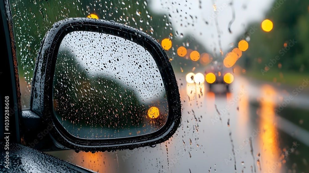 Poster raindrops gently sliding down the side window of a car creating a captivating and abstract pattern w