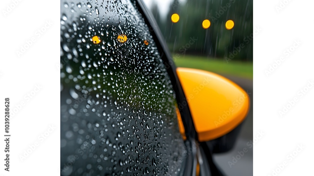 Aufkleber raindrops sliding down the side window of a car with glowing streetlights in the blurred urban backg