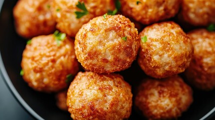 Crispy golden brown fried meatballs in a detailed high angle close up view shot on a dark studio background with copy space  This savory appetizer or snack dish is perfect for parties gatherings