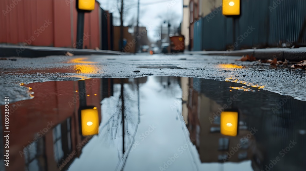 Poster captivating image showcasing the mesmerizing reflections of flashing emergency lights in puddles on 