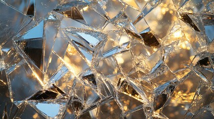 Close-up of shattered glass reflecting golden light.