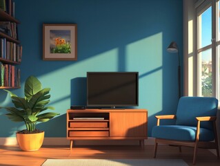 Stylish Living Room with Modern Furniture and Plant Accents in Bright Blue Setting