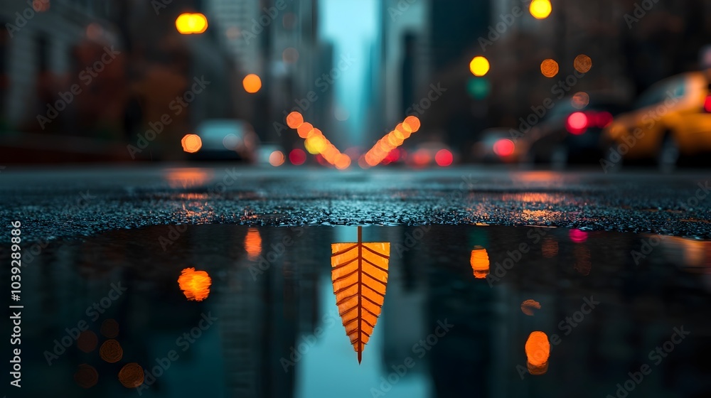 Poster captivating cityscape with puddles reflecting the vibrant neon lights and blurred traffic during a r