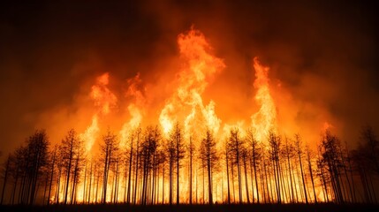 Fierce Blaze Devouring Row of Trees in City Park Sending Bright Sparks into the Nighttime Sky with Dramatic Lighting and Smoke