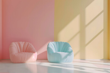 Two plush chairs, one pink and one blue, sit in a room with soft pastel walls. The chairs are positioned to face each other.