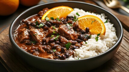 A Brazilian feijoada, a black bean stew with pork, served with rice and orange slices.


