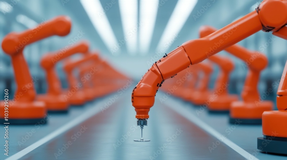 Poster highly automated factory floor with robotic machinery producing precision parts for advanced enginee