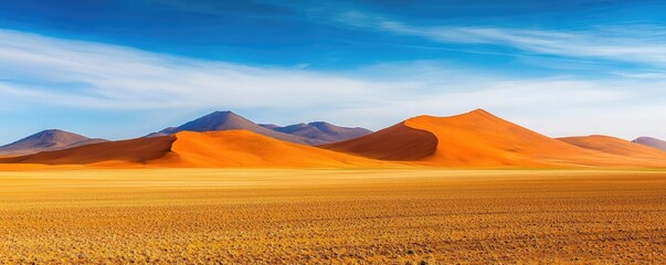 Vast desert landscape with rolling sand dunes under a bright blue sky.