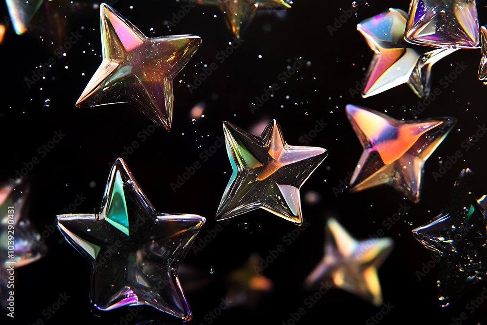 Poster A cluster of iridescent star-shaped objects float against a black background with small bubbles.